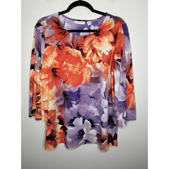Susan Graver Womens Floral 3/4 Sleeve Round Neck Tunic Top Gems Knit Size Medium - Picture 1 of 11